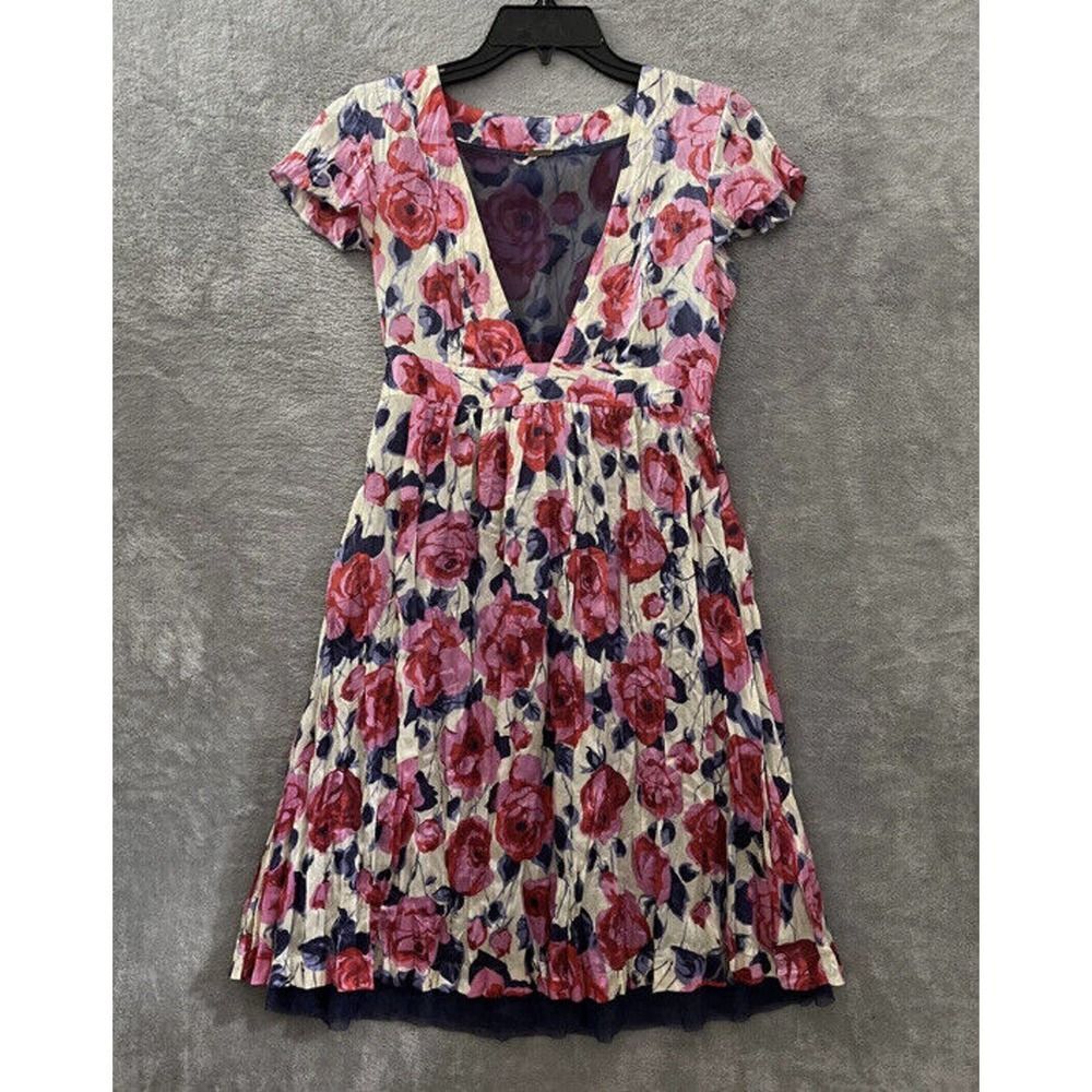 Free People Silk Dress Woman 4 Floral Multicolor Short Sleeve Low V Neck Layered
